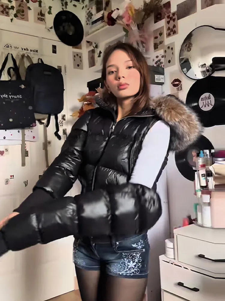 Y2K Retro Slim Women's Autumn and Winter Title Seamed Cotton Jacket Faux Fur Collar Long Sleeve Jacket 2025 New Jacket