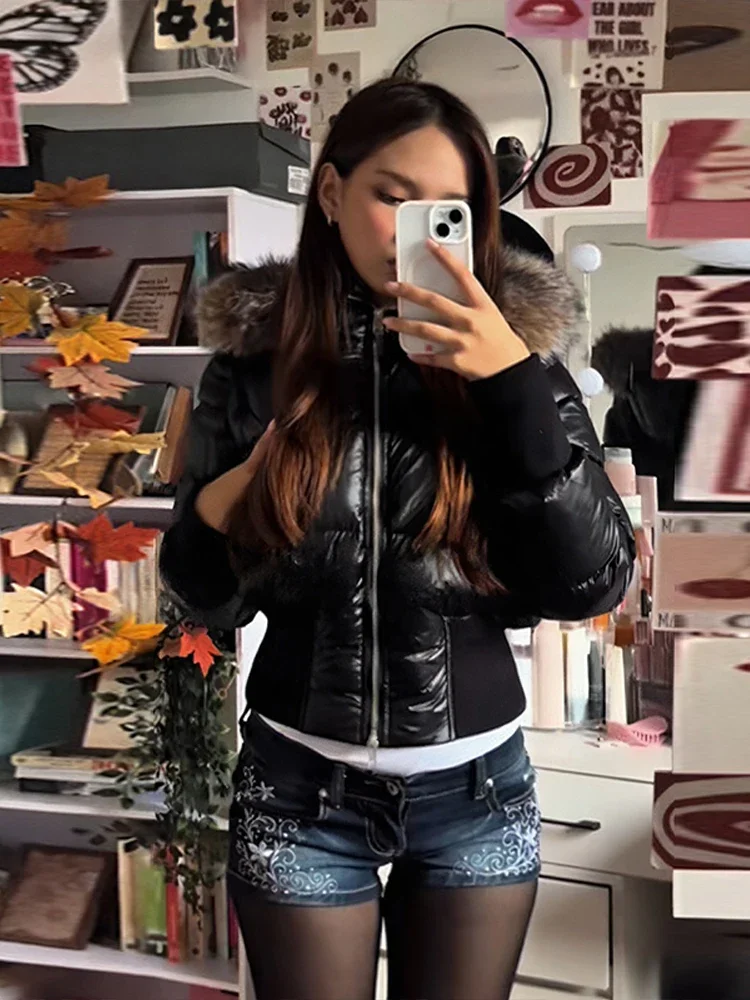 Y2K Retro Slim Women's Autumn and Winter Title Seamed Cotton Jacket Faux Fur Collar Long Sleeve Jacket 2025 New Jacket