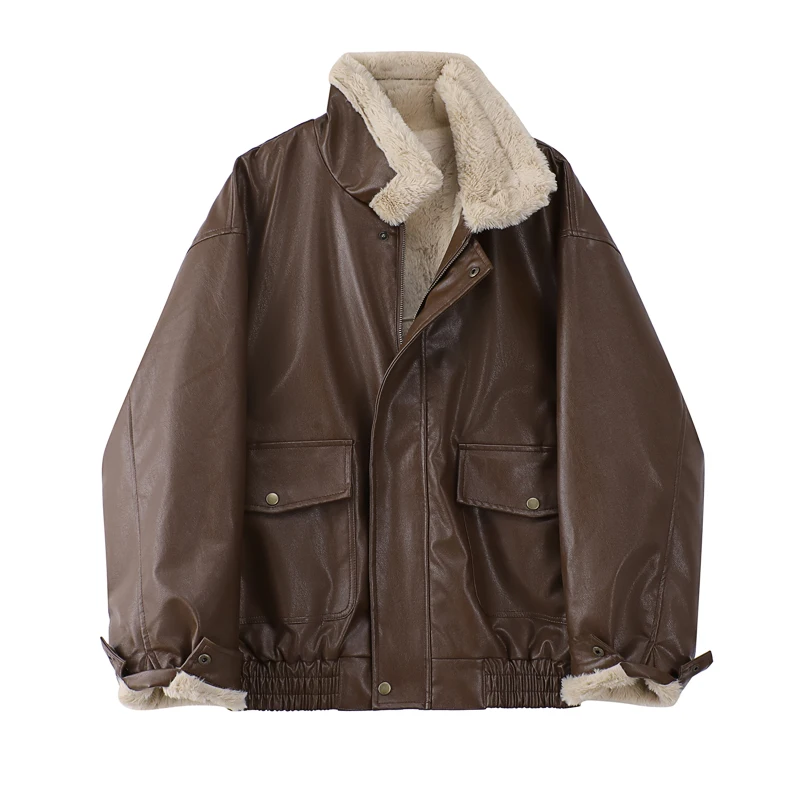 Winter Women's Fur Leather Jacket Long Sleeved Loose Warm Lamb Wool Vintage Thickened Locomotive Lapel Female PU Motorcycle Coat
