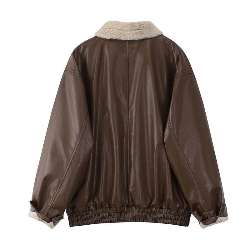 Winter Women's Fur Leather Jacket Long Sleeved Loose Warm Lamb Wool Vintage Thickened Locomotive Lapel Female PU Motorcycle Coat