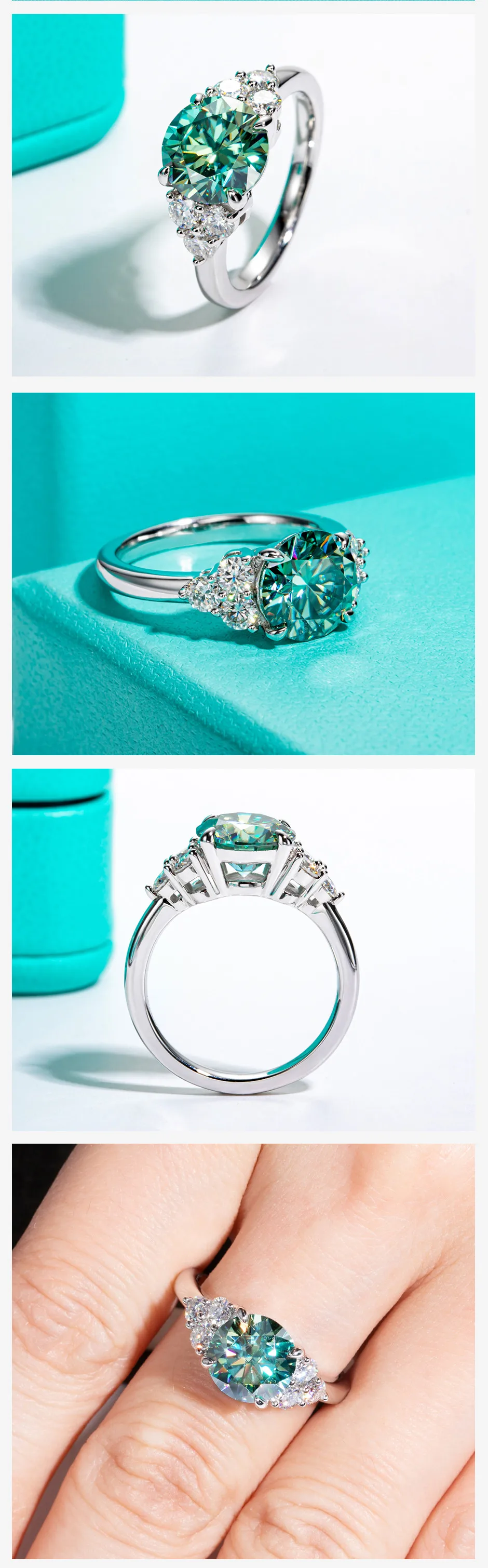 AnuJewel 3ct Round Cut Blue Green Color Moissanite Engagement Ring 18K Gold Plated Silver Luxury Wedding Ring Jewelry Wholesale