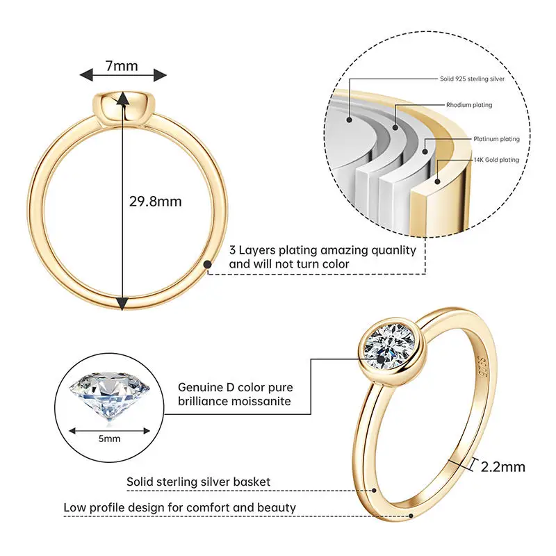 Lnngy Certified 0.5CT Bezel Moissanite Ring 925 Sterling Silver Solitaire Engagement Rings for Couple Wedding Jewelry Gift