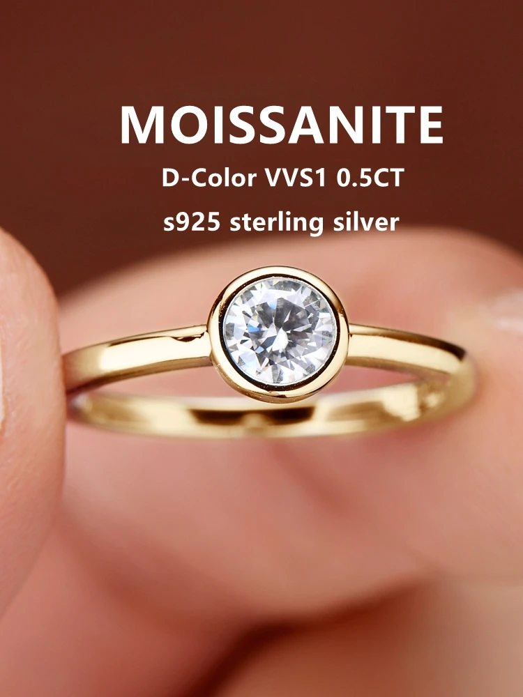 Lnngy Certified 0.5CT Bezel Moissanite Ring 925 Sterling Silver Solitaire Engagement Rings for Couple Wedding Jewelry Gift