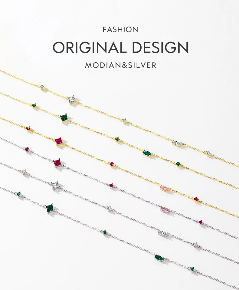 MODIAN 925 Sterling Silver Rainbow Colorful Zirconia Pendant Necklace Shiny Geometric Chain Neck For Women Party Jewelry Gift