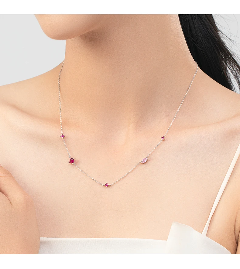 MODIAN 925 Sterling Silver Rainbow Colorful Zirconia Pendant Necklace Shiny Geometric Chain Neck For Women Party Jewelry Gift