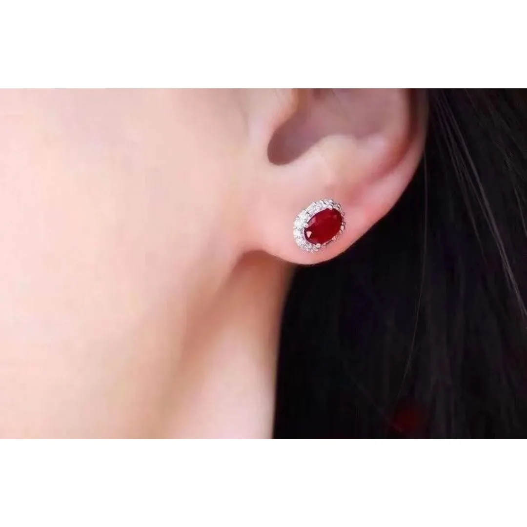 Female Party Jewelry New 100% Natural and Real Ruby Luxury Stud Earring Free Shipping Jewelry Natural Real Ruby 925 Silver