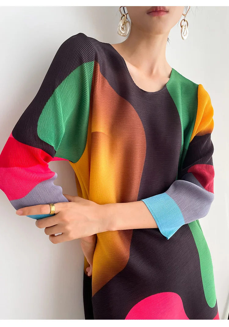 Miyake Pleated Printed Skirt Spring Autumn New Temperament Plus Size Large Swing High Waist Casual Dresses for Women