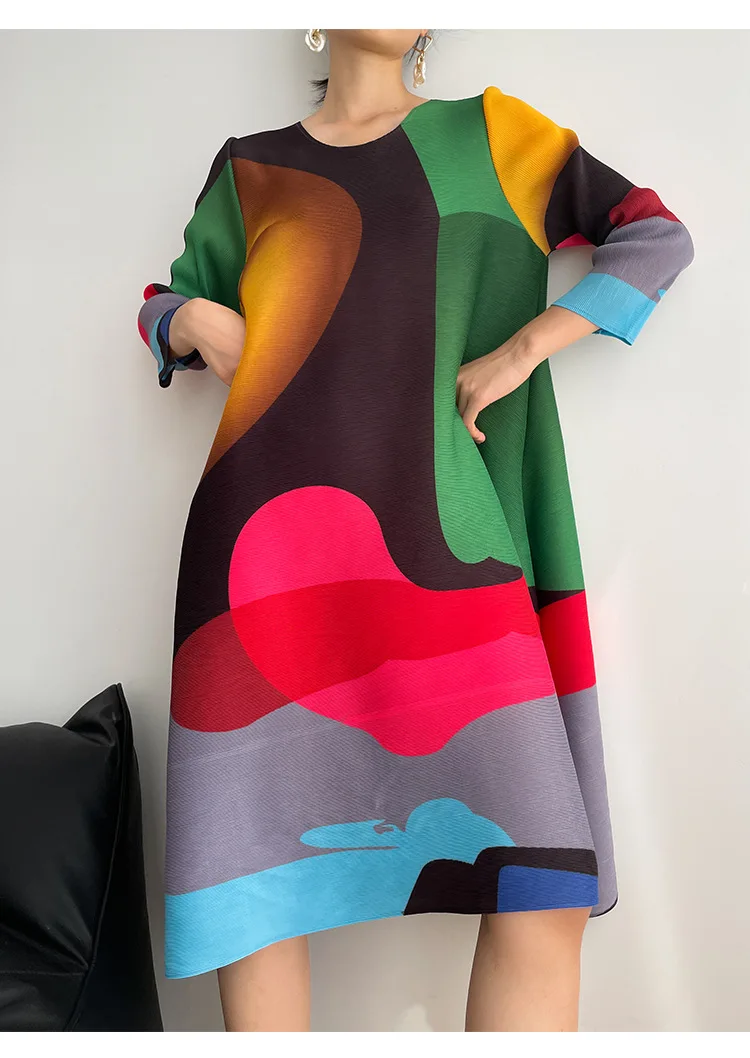 Miyake Pleated Printed Skirt Spring Autumn New Temperament Plus Size Large Swing High Waist Casual Dresses for Women