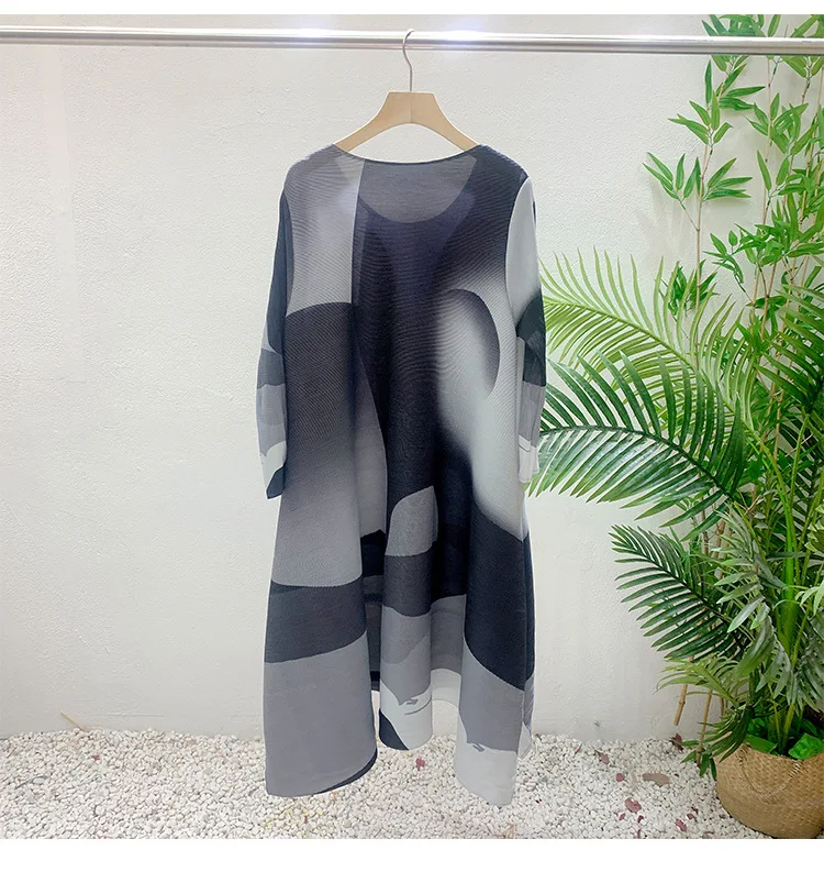 Miyake Pleated Printed Skirt Spring Autumn New Temperament Plus Size Large Swing High Waist Casual Dresses for Women