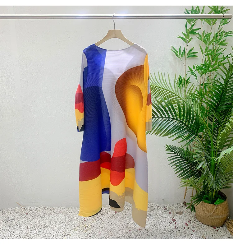 Miyake Pleated Printed Skirt Spring Autumn New Temperament Plus Size Large Swing High Waist Casual Dresses for Women