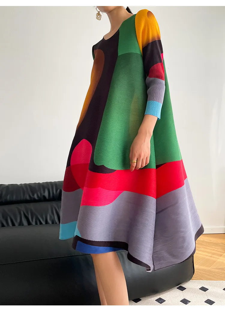 Miyake Pleated Printed Skirt Spring Autumn New Temperament Plus Size Large Swing High Waist Casual Dresses for Women