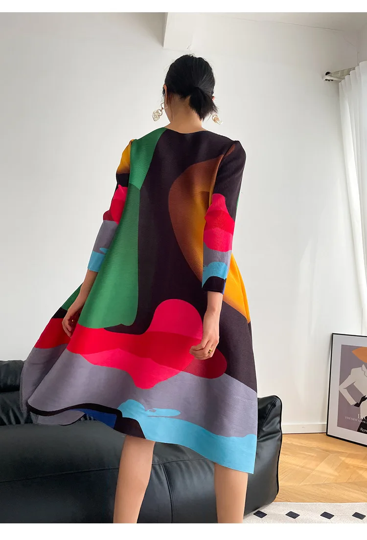 Miyake Pleated Printed Skirt Spring Autumn New Temperament Plus Size Large Swing High Waist Casual Dresses for Women
