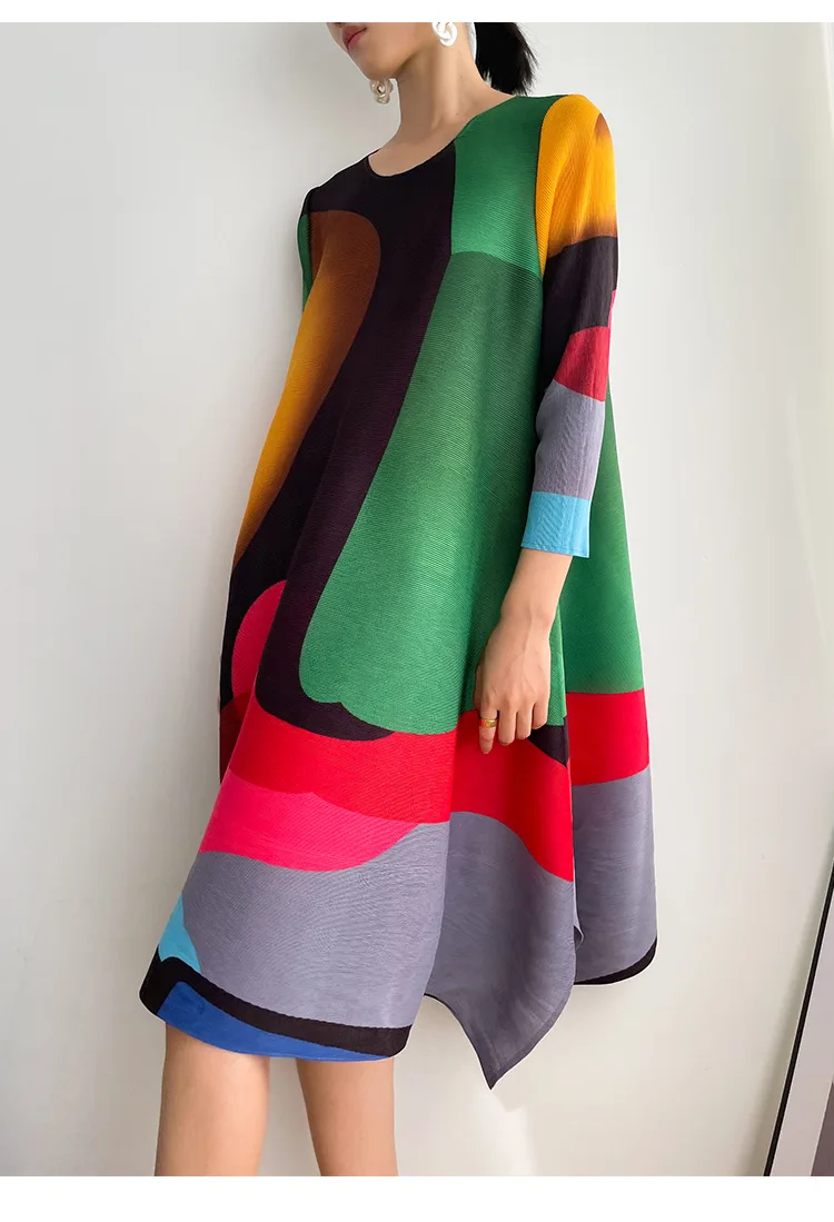 Miyake Pleated Printed Skirt Spring Autumn New Temperament Plus Size Large Swing High Waist Casual Dresses for Women