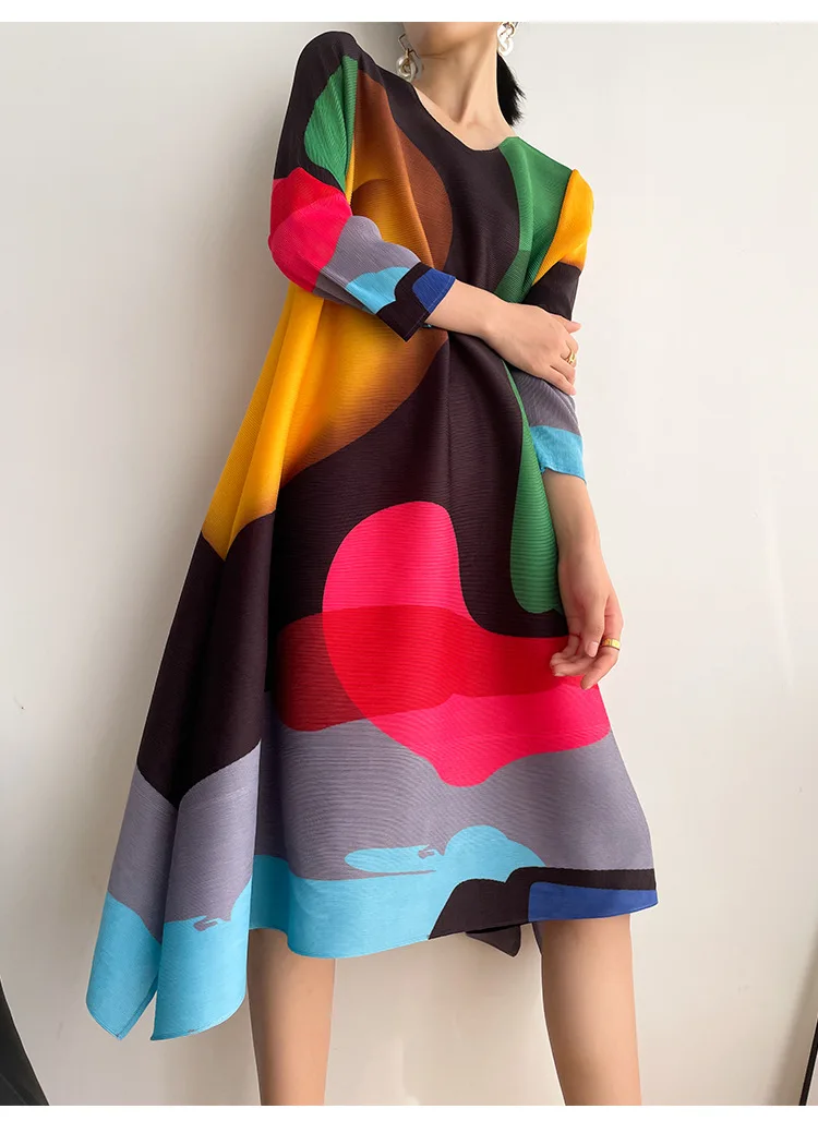 Miyake Pleated Printed Skirt Spring Autumn New Temperament Plus Size Large Swing High Waist Casual Dresses for Women
