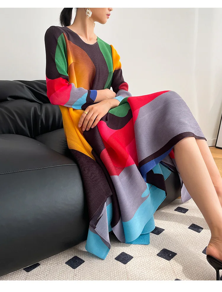 Miyake Pleated Printed Skirt Spring Autumn New Temperament Plus Size Large Swing High Waist Casual Dresses for Women