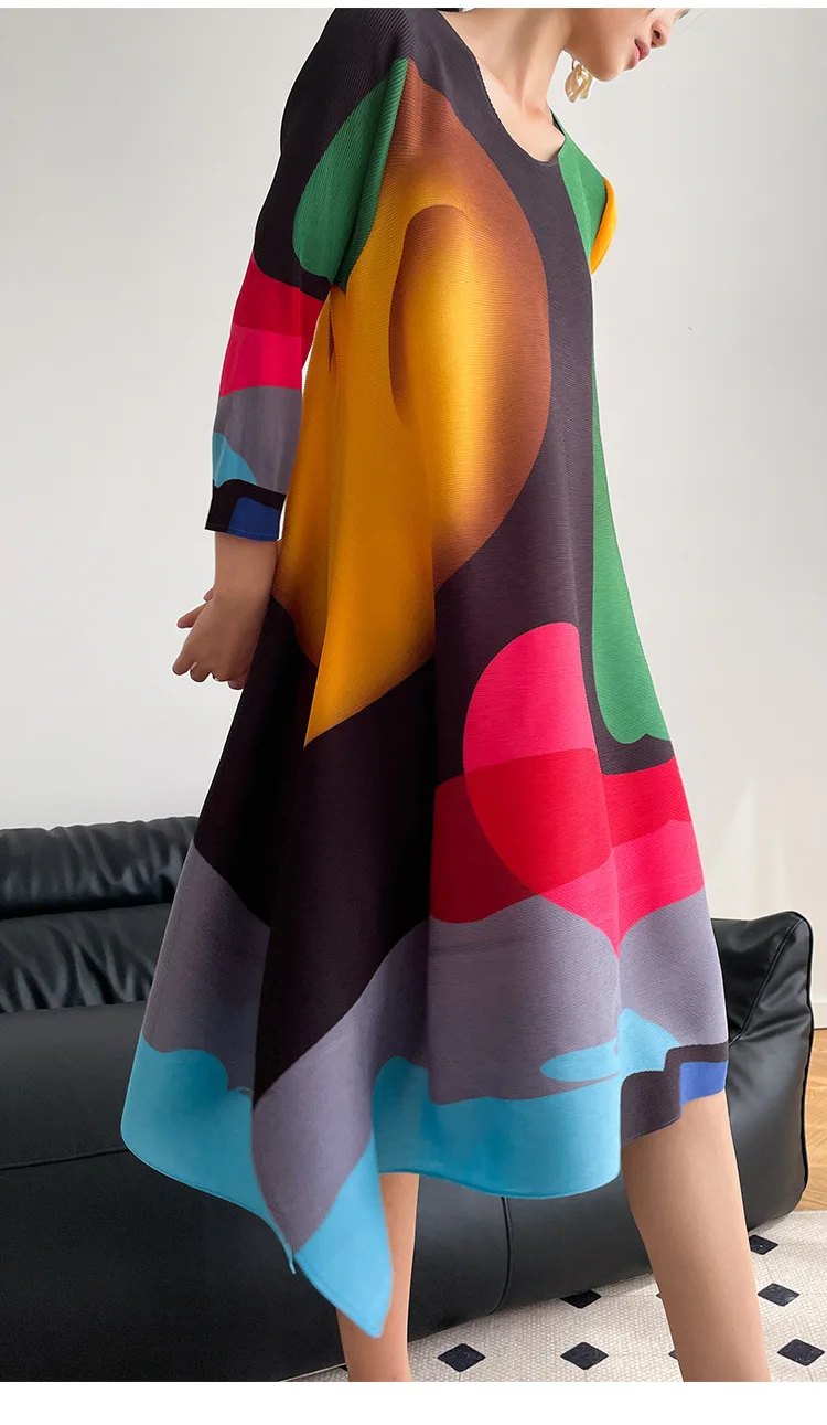 Miyake Pleated Printed Skirt Spring Autumn New Temperament Plus Size Large Swing High Waist Casual Dresses for Women