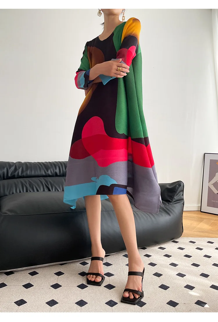 Miyake Pleated Printed Skirt Spring Autumn New Temperament Plus Size Large Swing High Waist Casual Dresses for Women