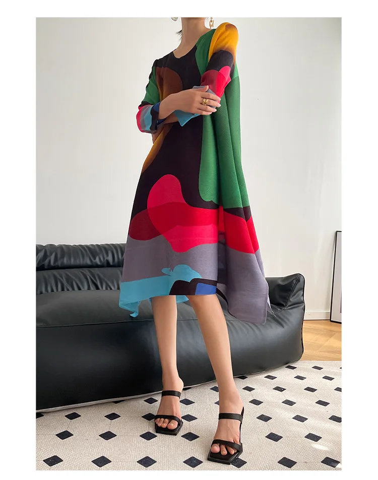 Miyake Pleated Printed Skirt Spring Autumn New Temperament Plus Size Large Swing High Waist Casual Dresses for Women