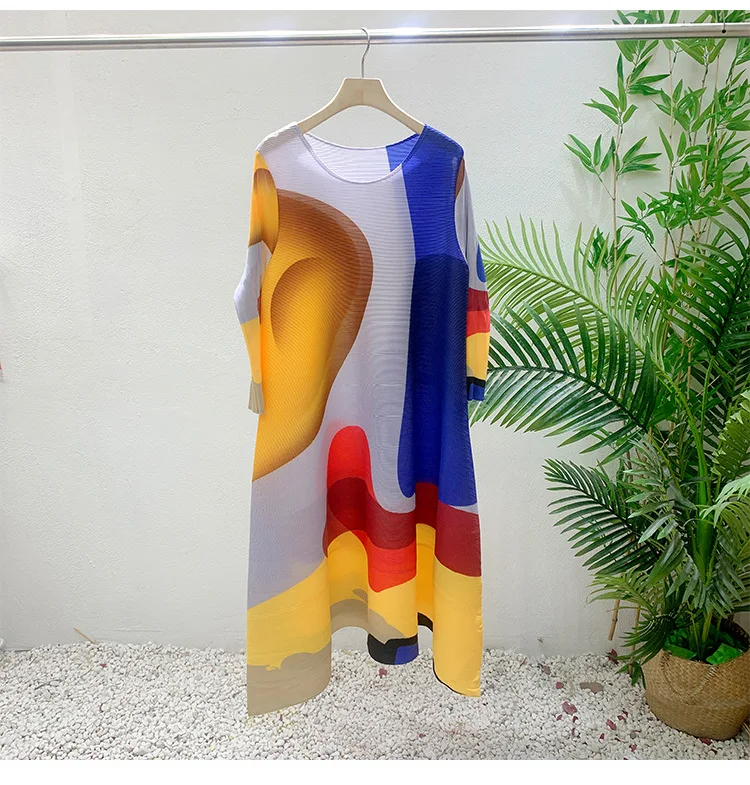 Miyake Pleated Printed Skirt Spring Autumn New Temperament Plus Size Large Swing High Waist Casual Dresses for Women