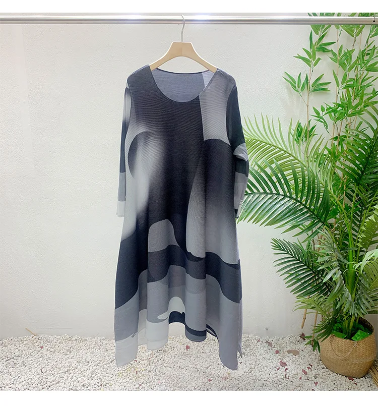 Miyake Pleated Printed Skirt Spring Autumn New Temperament Plus Size Large Swing High Waist Casual Dresses for Women