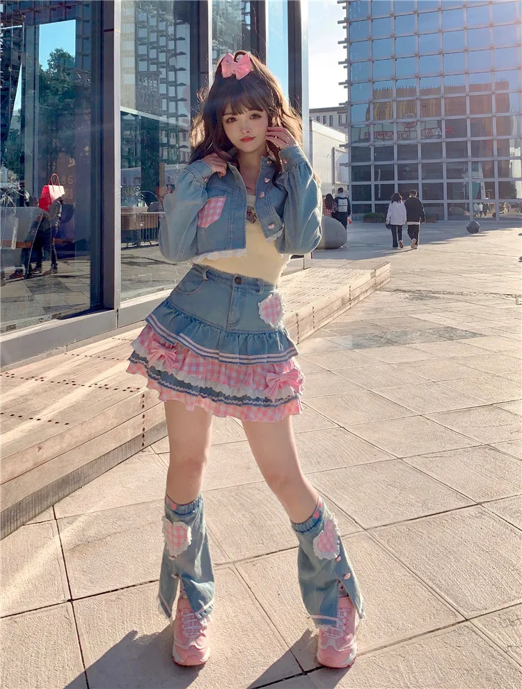 Japanese Sweet Lolita Mini Skirts Ball Gown Women Harajuku Cute Denim Skirt Preppy Style Girls High Waist Kawaii Lace Cake Skirt
