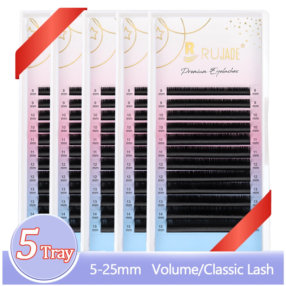 RUJADE 5 Trays 5-25mm Volume Individual Eyelash Extension Matte Black 0.03 0.05 0.07 Cashmere Lash Tray Supplies Soft Silk Lash