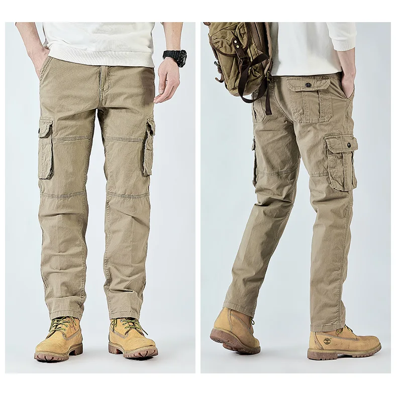 2026 Men's Cargo Pants Straight Leg Cotton Stretch Tactical Trouser Male Military Outdoor Camping Fishing Casual Work Wear Khaki