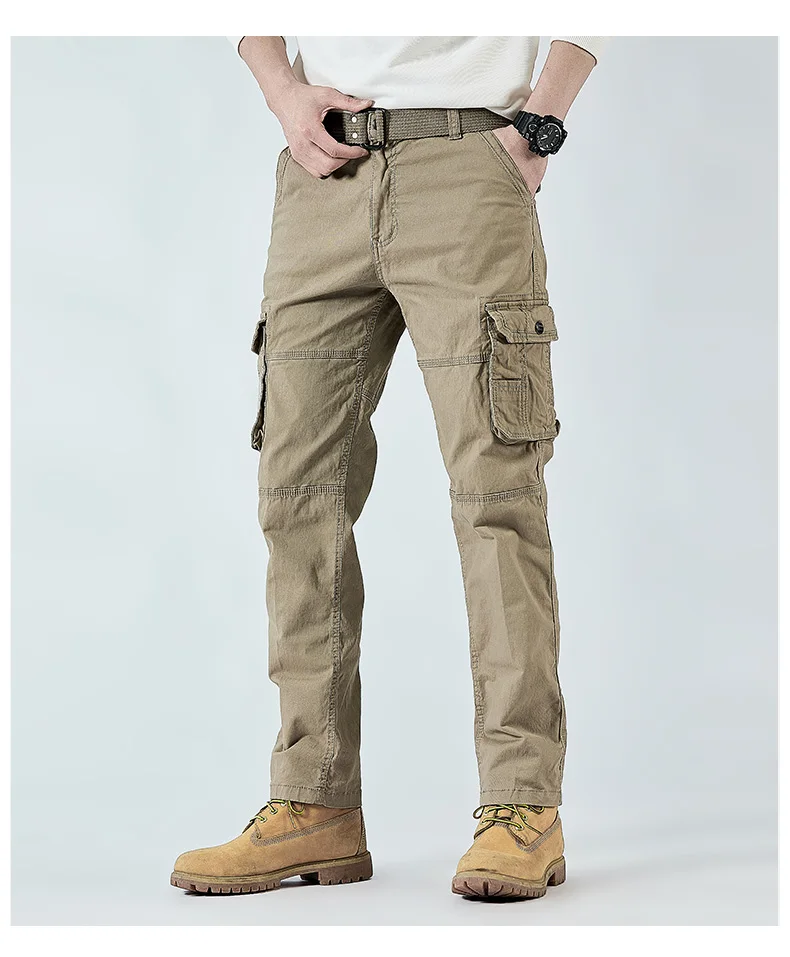 2026 Men's Cargo Pants Straight Leg Cotton Stretch Tactical Trouser Male Military Outdoor Camping Fishing Casual Work Wear Khaki