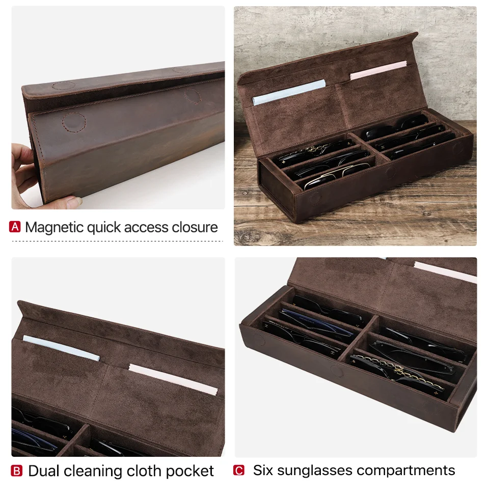 Retro Genuine Leather 2/3/4/6/8 Grids Eyeglasses Storage Box Sunglasses Glasses Display Case Family Travel Sunglasses Organizer