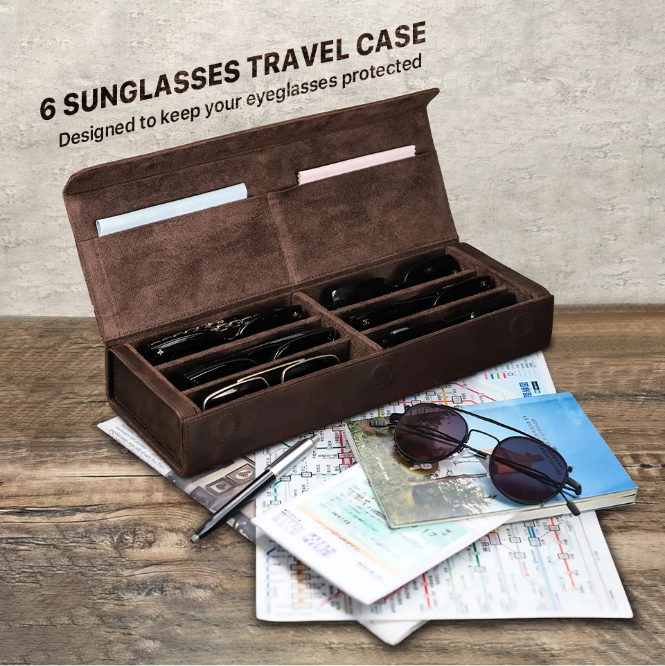 Retro Genuine Leather 2/3/4/6/8 Grids Eyeglasses Storage Box Sunglasses Glasses Display Case Family Travel Sunglasses Organizer