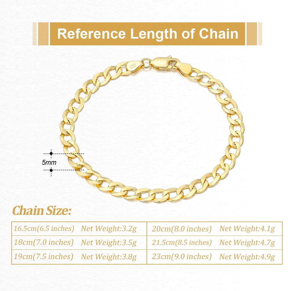 ORSA JEWELS 18K Gold Cuban Chain Bracelet 925 Sterling Silver 5mm Italian Fashion Handmade Bracelet Jewelry for Men Women SB123