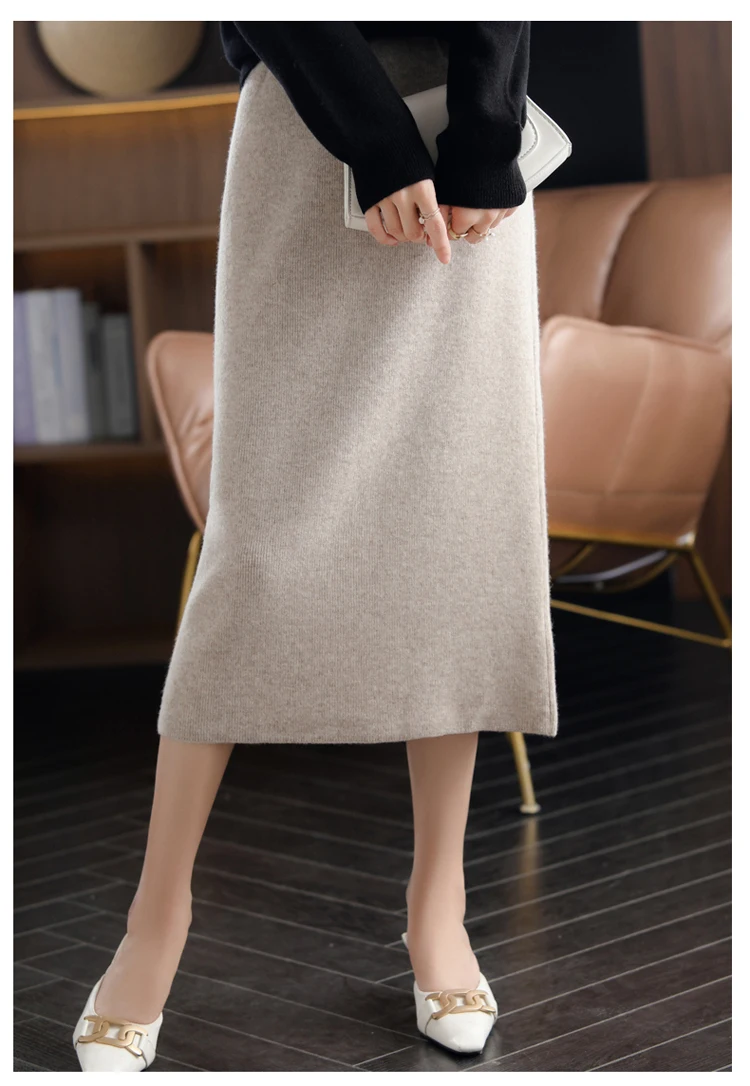2024 Autumn Winter New 100%Pure Wool Knit Long Skirt Women Casual Thick Korean High Waist Pack Hip Cashmere Wild A-Line Skirt
