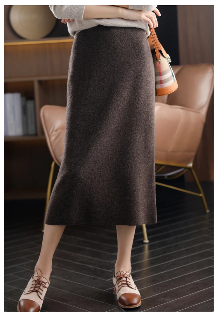 2024 Autumn Winter New 100%Pure Wool Knit Long Skirt Women Casual Thick Korean High Waist Pack Hip Cashmere Wild A-Line Skirt