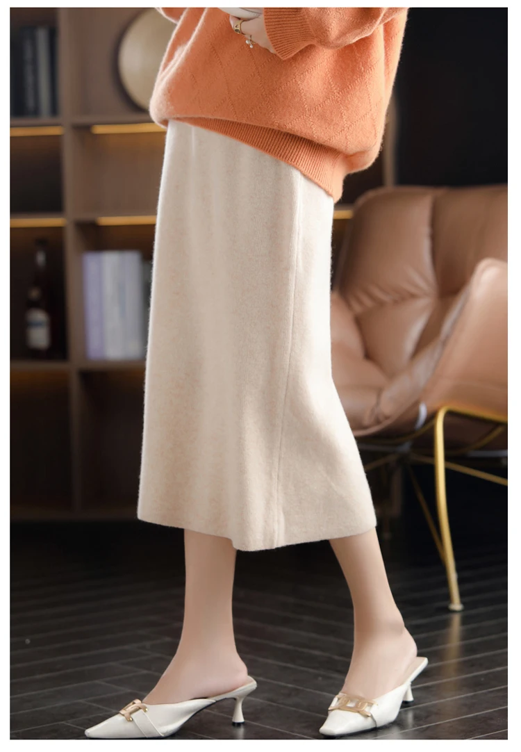 2024 Autumn Winter New 100%Pure Wool Knit Long Skirt Women Casual Thick Korean High Waist Pack Hip Cashmere Wild A-Line Skirt