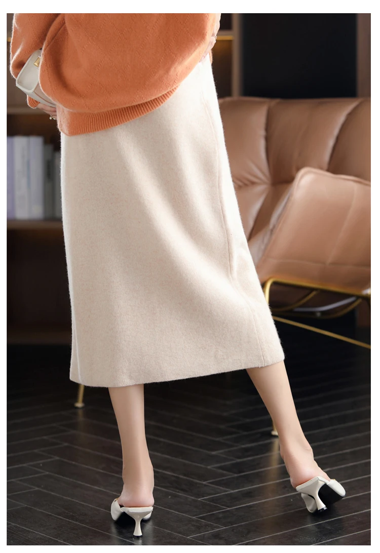 2024 Autumn Winter New 100%Pure Wool Knit Long Skirt Women Casual Thick Korean High Waist Pack Hip Cashmere Wild A-Line Skirt