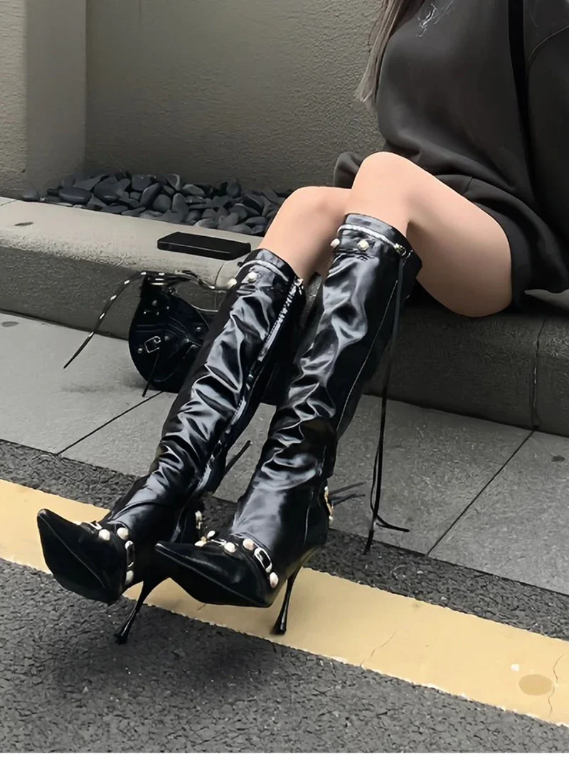 New Women Knight High Boots Fashion Tassels Side Zippers Ladies Elegant Pointed Toe Long Booties Women's Footwear