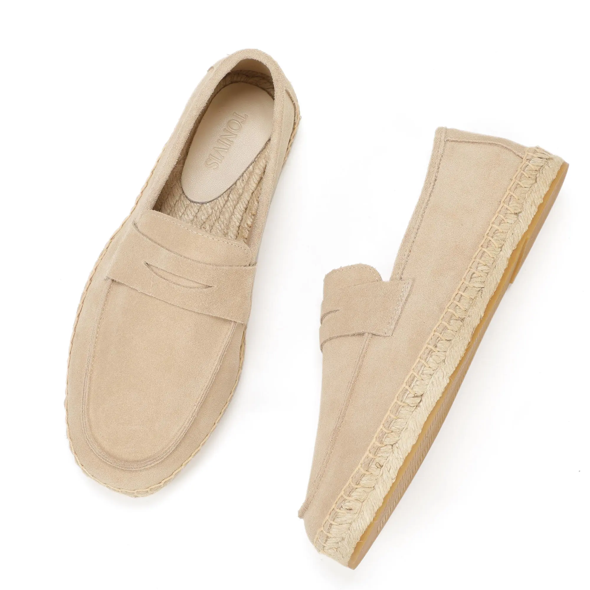 Men's Jute Espadrilles Slip on Loafers Cow Suede Leather Casual Shoes