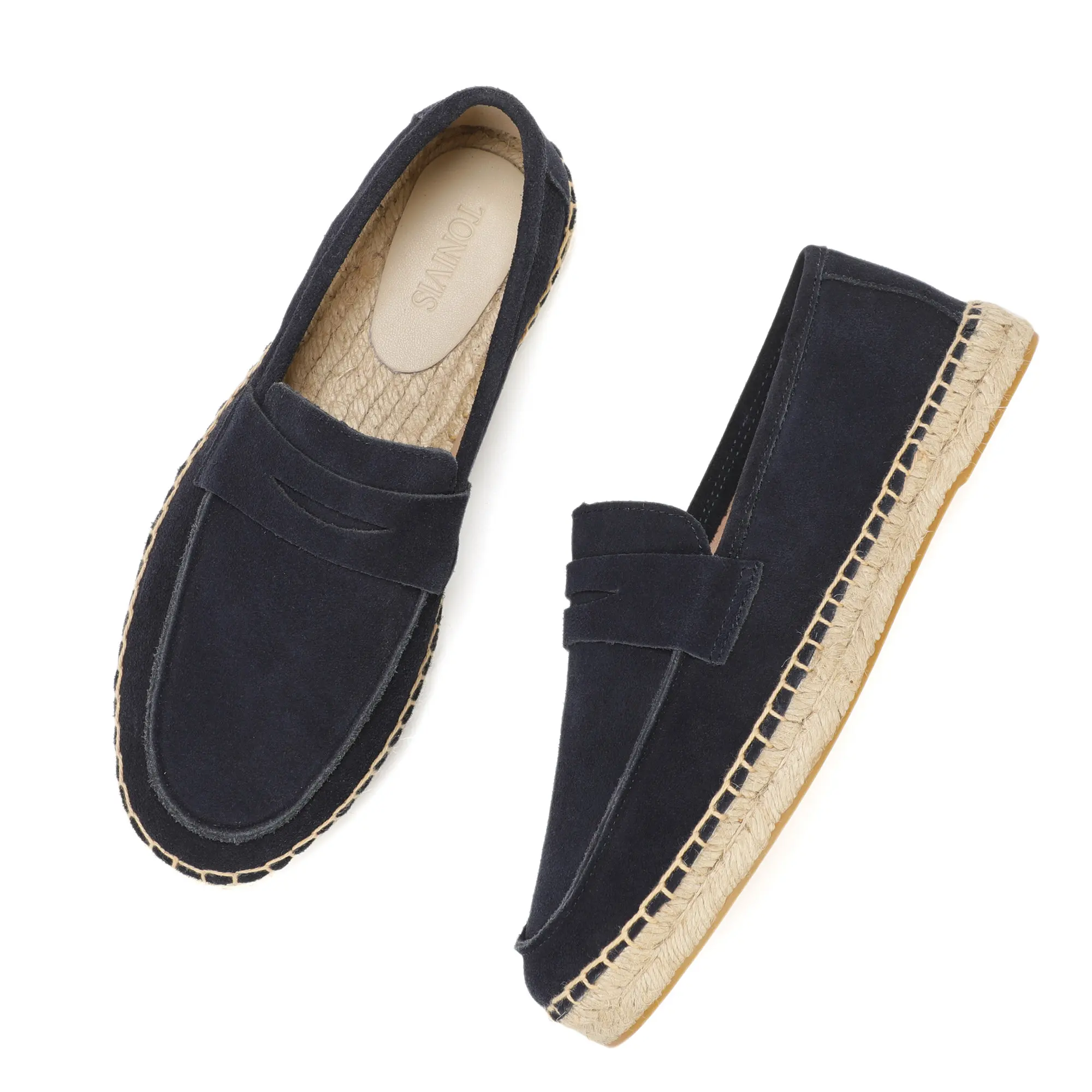 Men's Jute Espadrilles Slip on Loafers Cow Suede Leather Casual Shoes