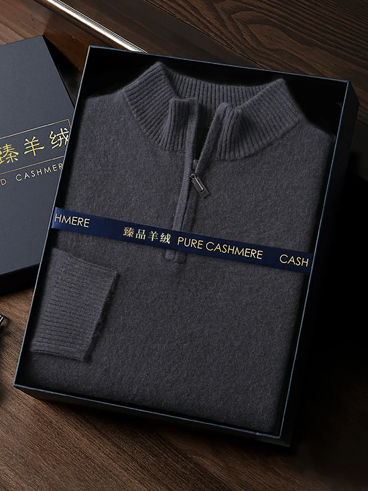 CHICUU Men's 100% Cashmere Sweater Zipper Pullover Mock Neck Long Sleeve Basic Cashmere Knitwear Autumn Winter Clothing Tops
