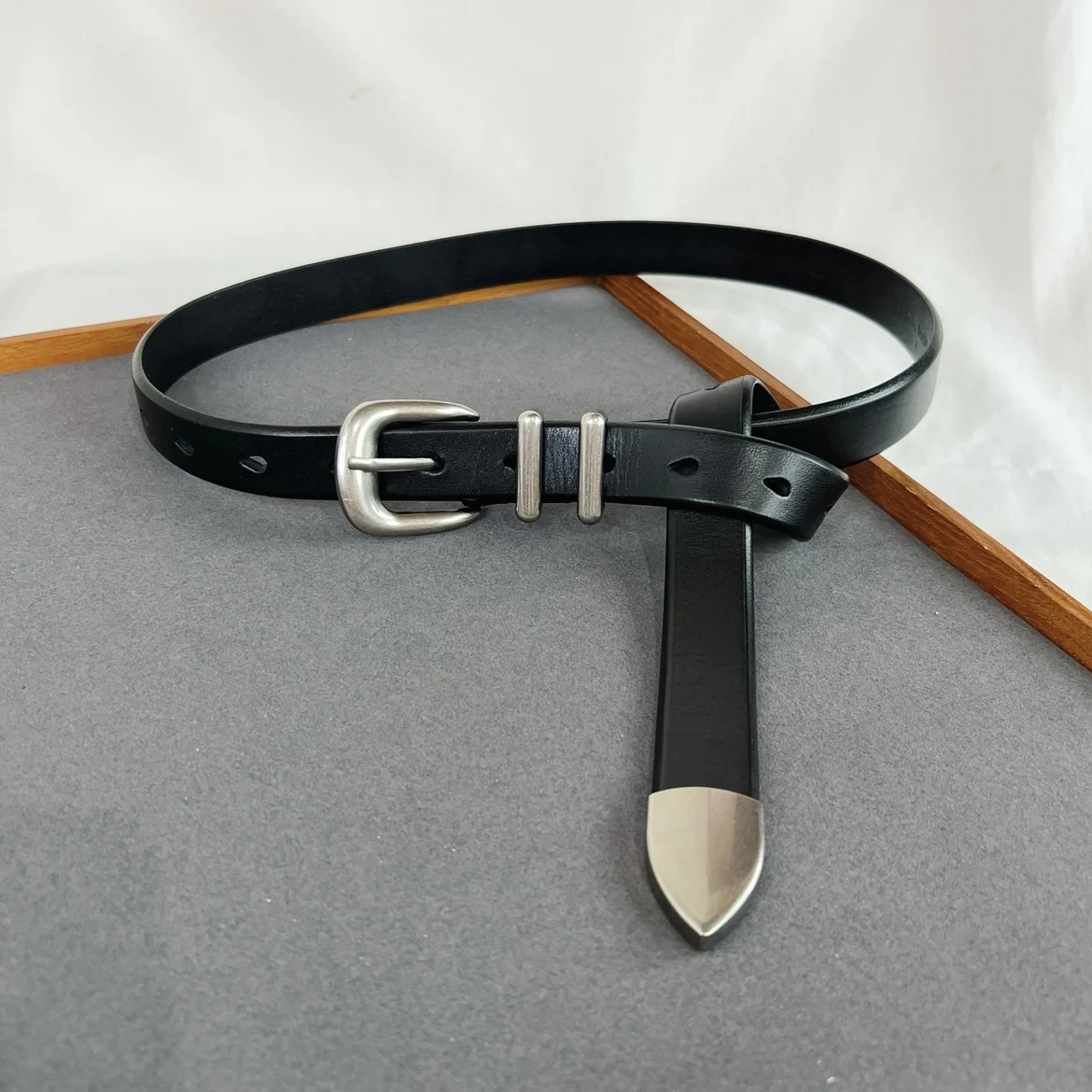 Women Men Vintage Silver Black Waistband leather Cowskin Buckle Belt 125cm