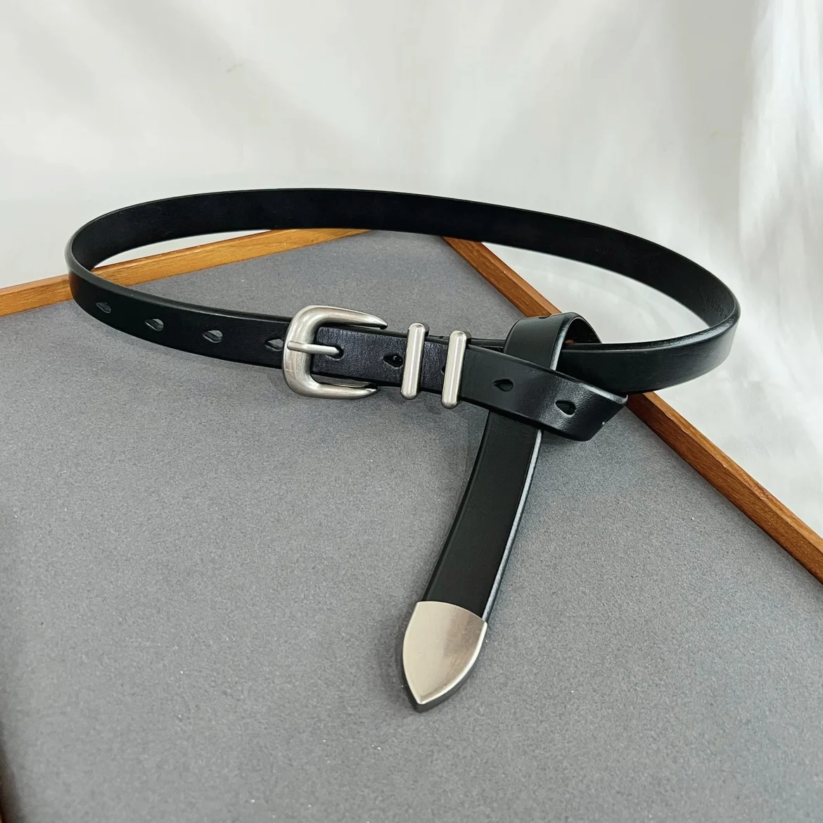 Women Men Vintage Silver Black Waistband leather Cowskin Buckle Belt 125cm