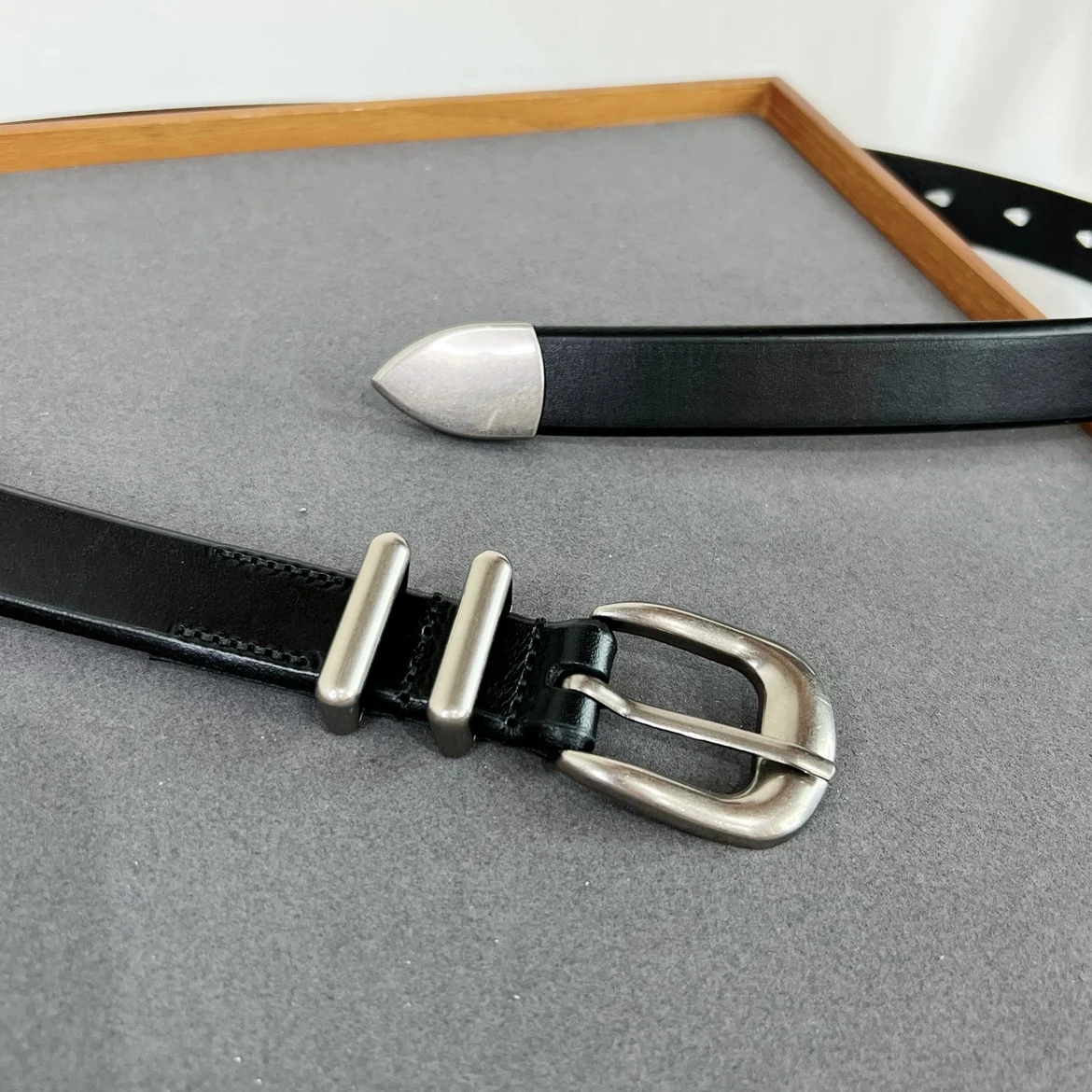 Women Men Vintage Silver Black Waistband leather Cowskin Buckle Belt 125cm