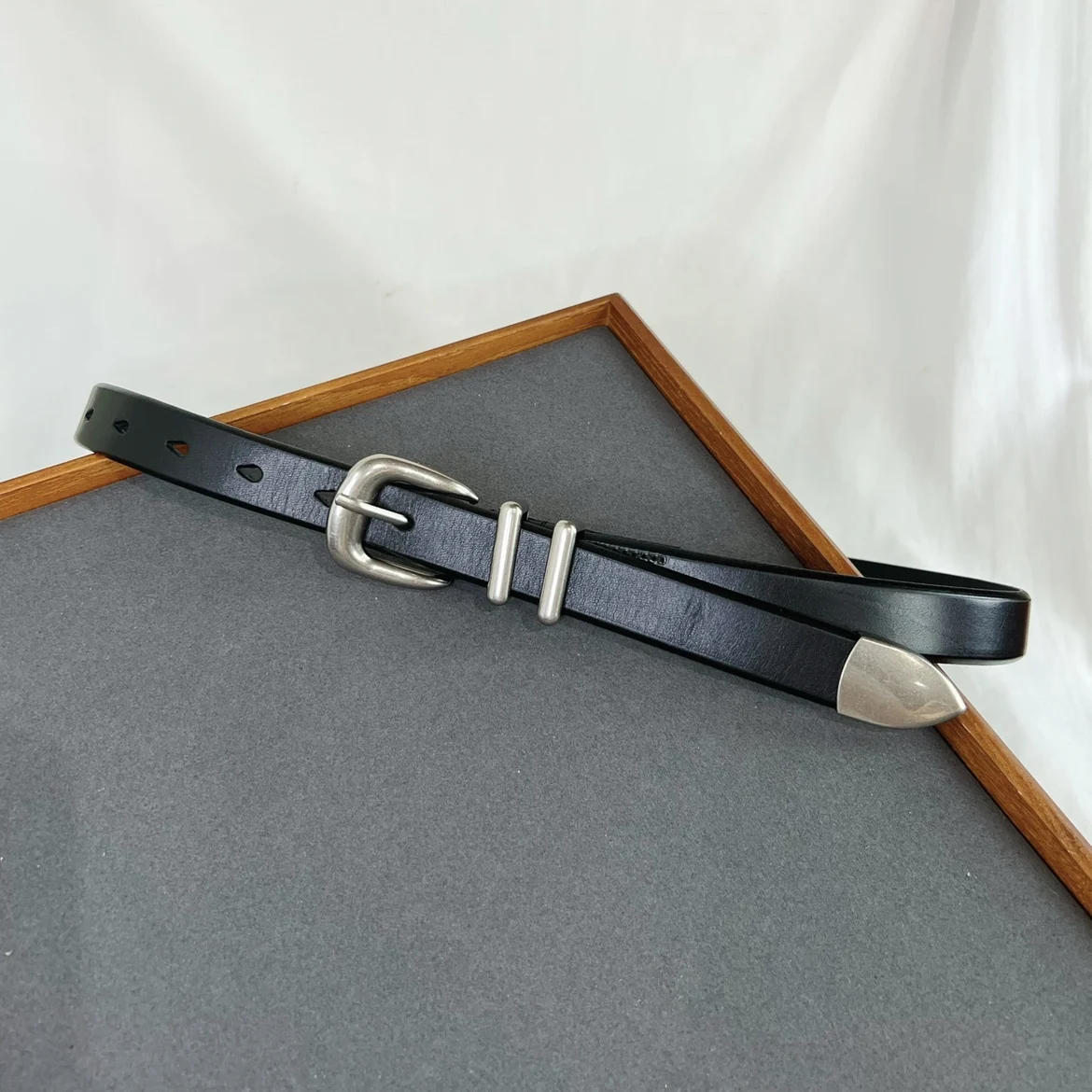 Women Men Vintage Silver Black Waistband leather Cowskin Buckle Belt 125cm
