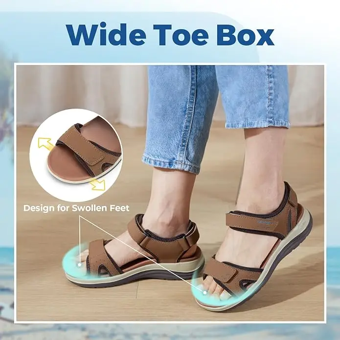 FitVille Women's Sandals Adjustable Ankle Strap for Swollen and Flat Feet Wide Arch Support Open Toe Orthopedic Sandals