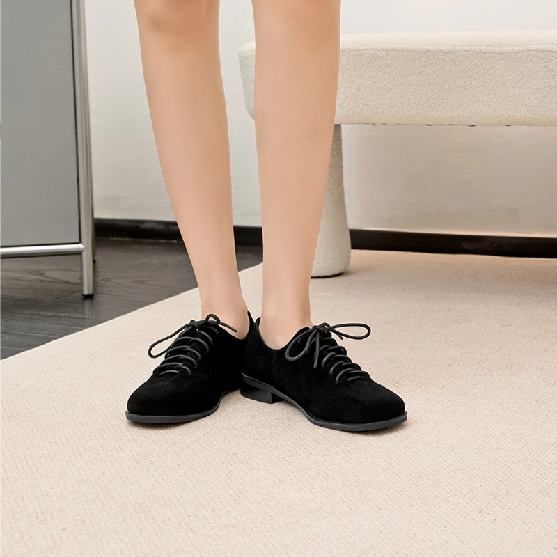 Women Loafer Lace-up 2025 New Spring Shoes Women Suede Genuine Leather Women Oxford Shoes Large Size British Style Women Shoes
