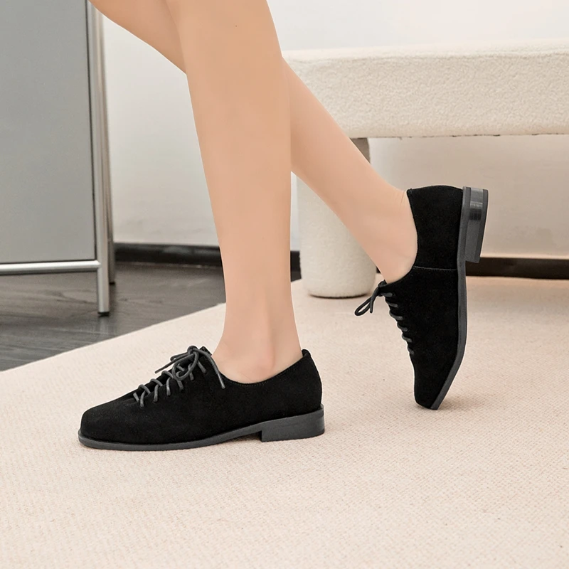 Women Loafer Lace-up 2025 New Spring Shoes Women Suede Genuine Leather Women Oxford Shoes Large Size British Style Women Shoes
