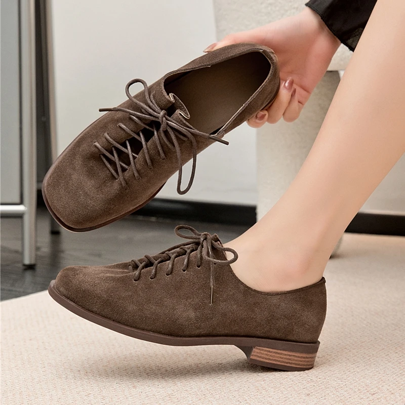 Women Loafer Lace-up 2025 New Spring Shoes Women Suede Genuine Leather Women Oxford Shoes Large Size British Style Women Shoes