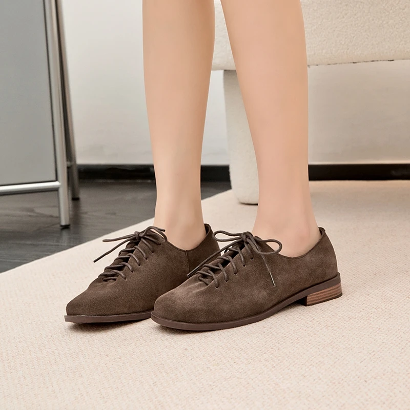 Women Loafer Lace-up 2025 New Spring Shoes Women Suede Genuine Leather Women Oxford Shoes Large Size British Style Women Shoes