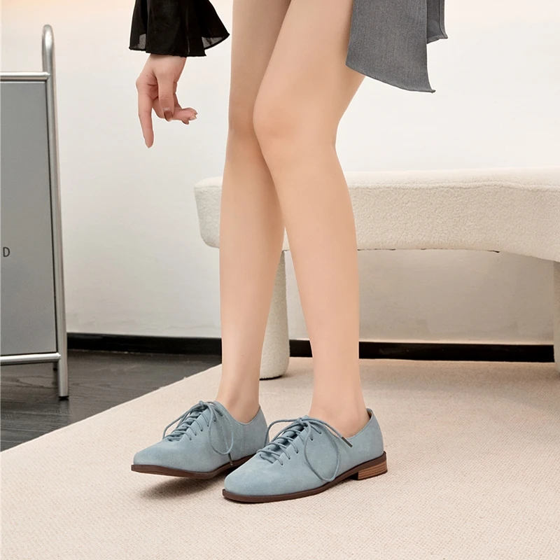 Women Loafer Lace-up 2025 New Spring Shoes Women Suede Genuine Leather Women Oxford Shoes Large Size British Style Women Shoes