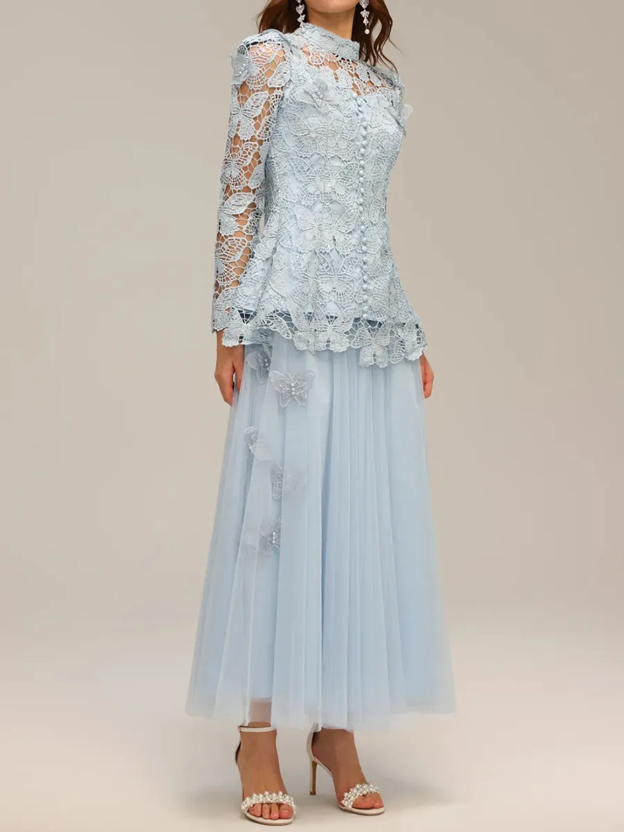 TWOTWINSTYLE Solid Hollow Out Spliced Lace Two Piece Set For Women Round Neck Long Sleeves Top High Waist Skirt Sets Female New